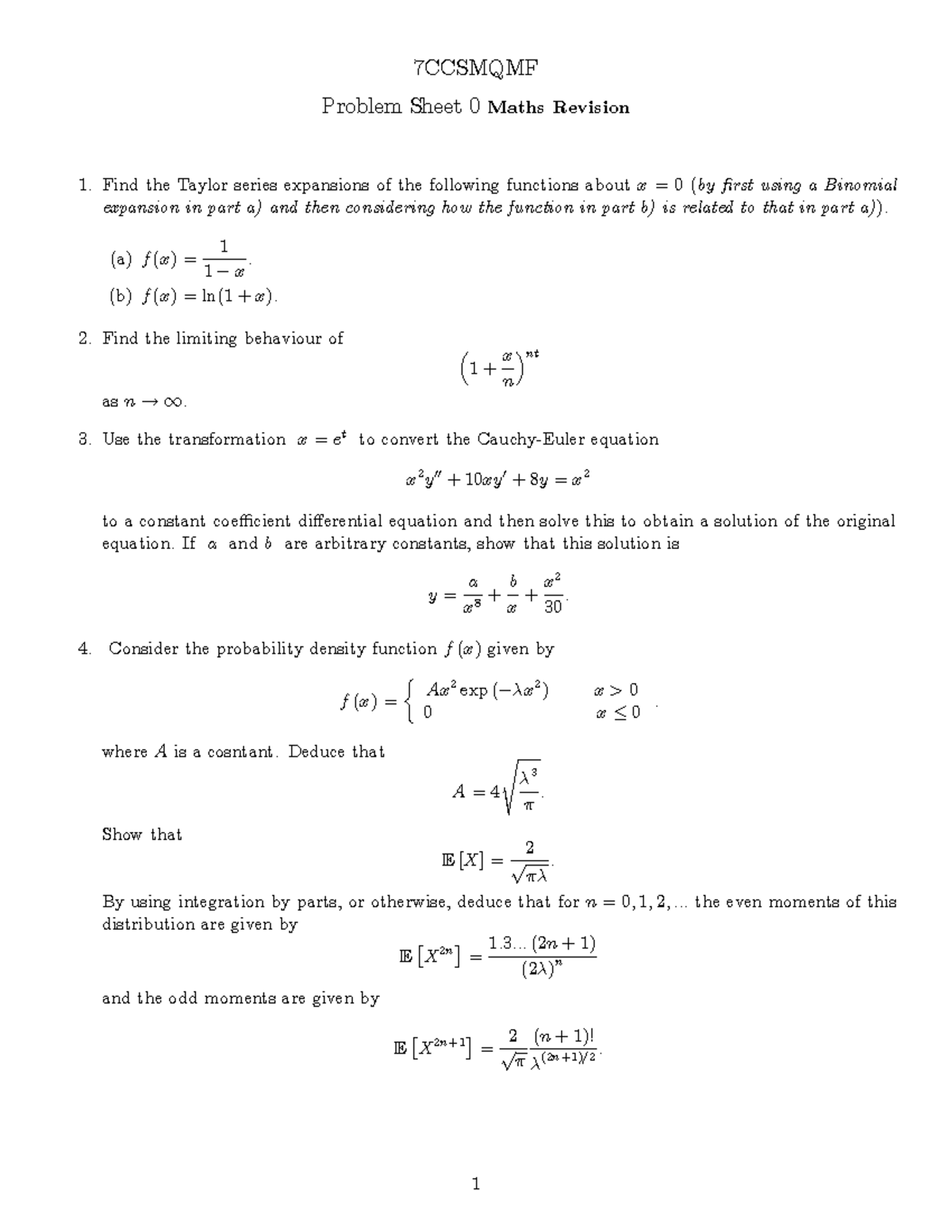 Problem Sheet 0 for Maths Course 7CCSMQMF - Revision Questions - Studocu