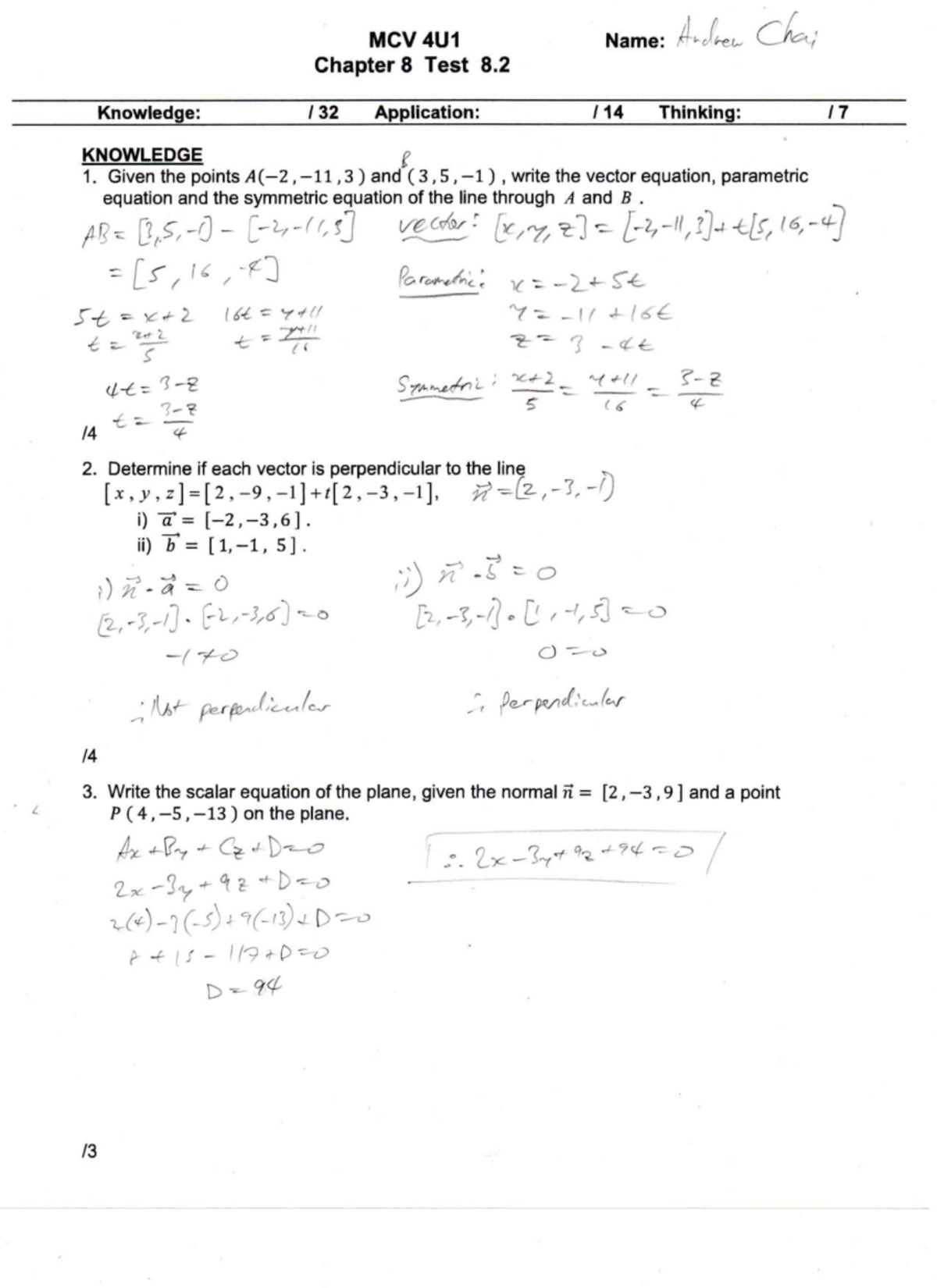 MCV 4U1 Chapter 8 Test: Vector Equations & Plane Analysis - Studocu