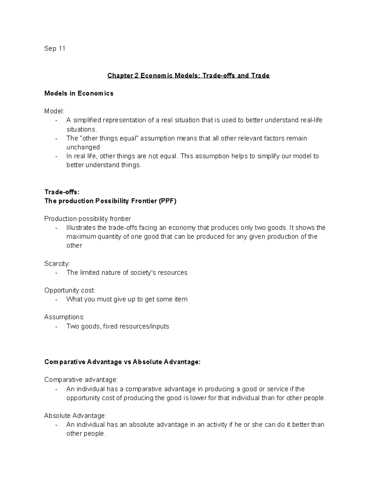 ECN104 - day 1 - day 1 notes - Sep 11 Chapter 2 Economic Models: Trade ...