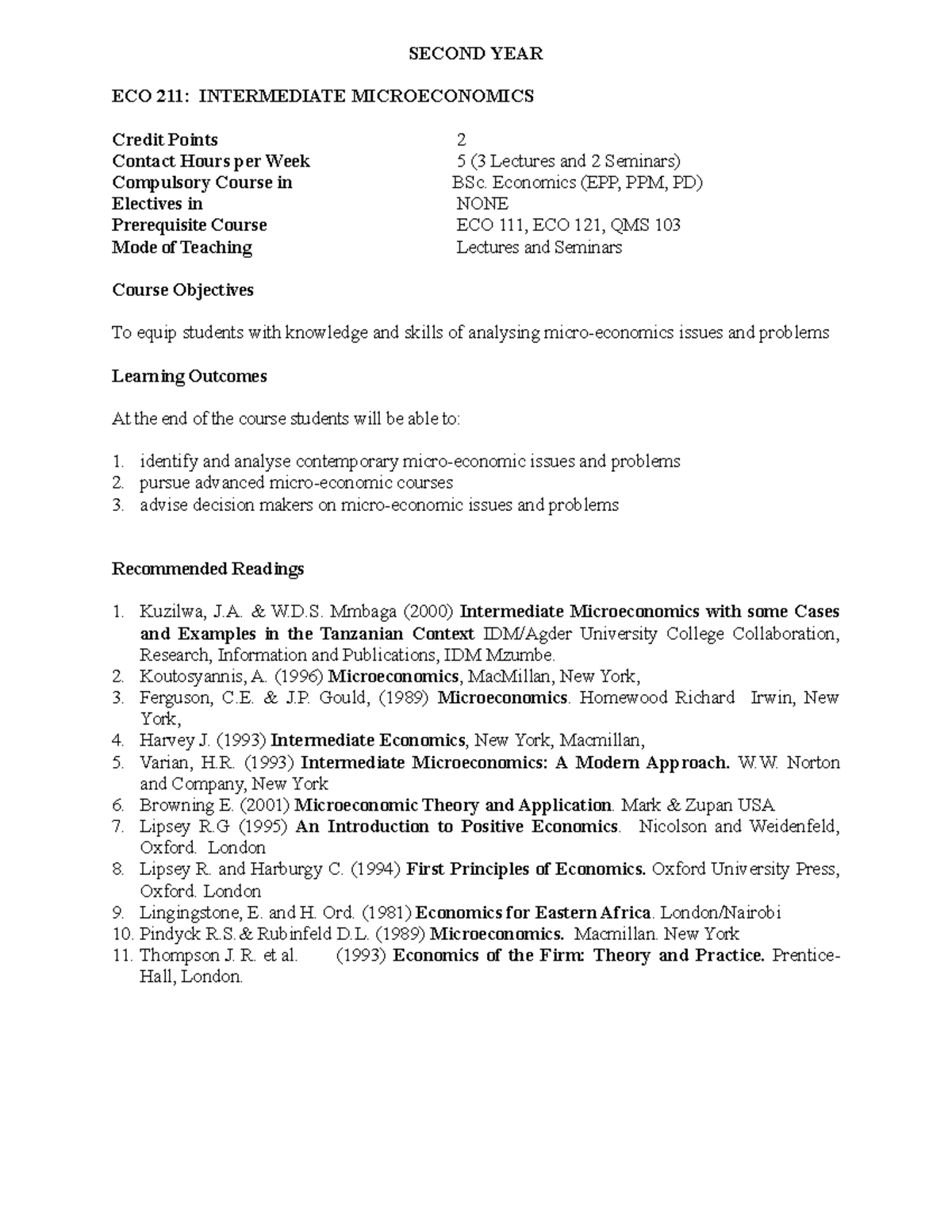 ECO 211: Intermediate Microeconomics - Second Year Study Questions ...