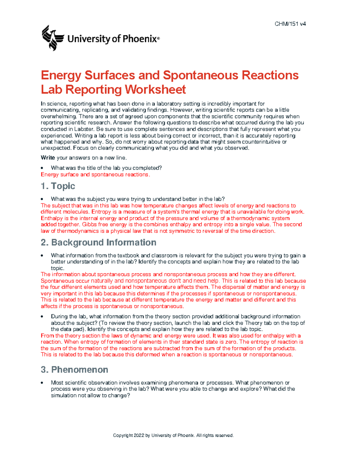 CHM/151 v4 Week 2 Lab Report: Energy Surfaces & Spontaneous Reactions ...