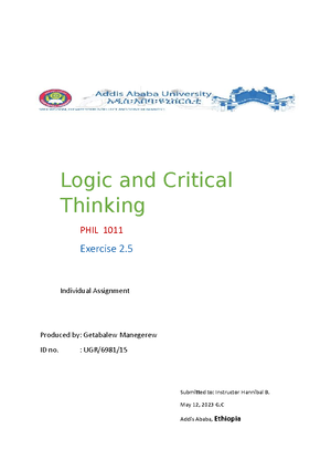 Logic Chapter 1 Short note - LOGIC AND CRITICAL THINKING Chapter 1 More ...