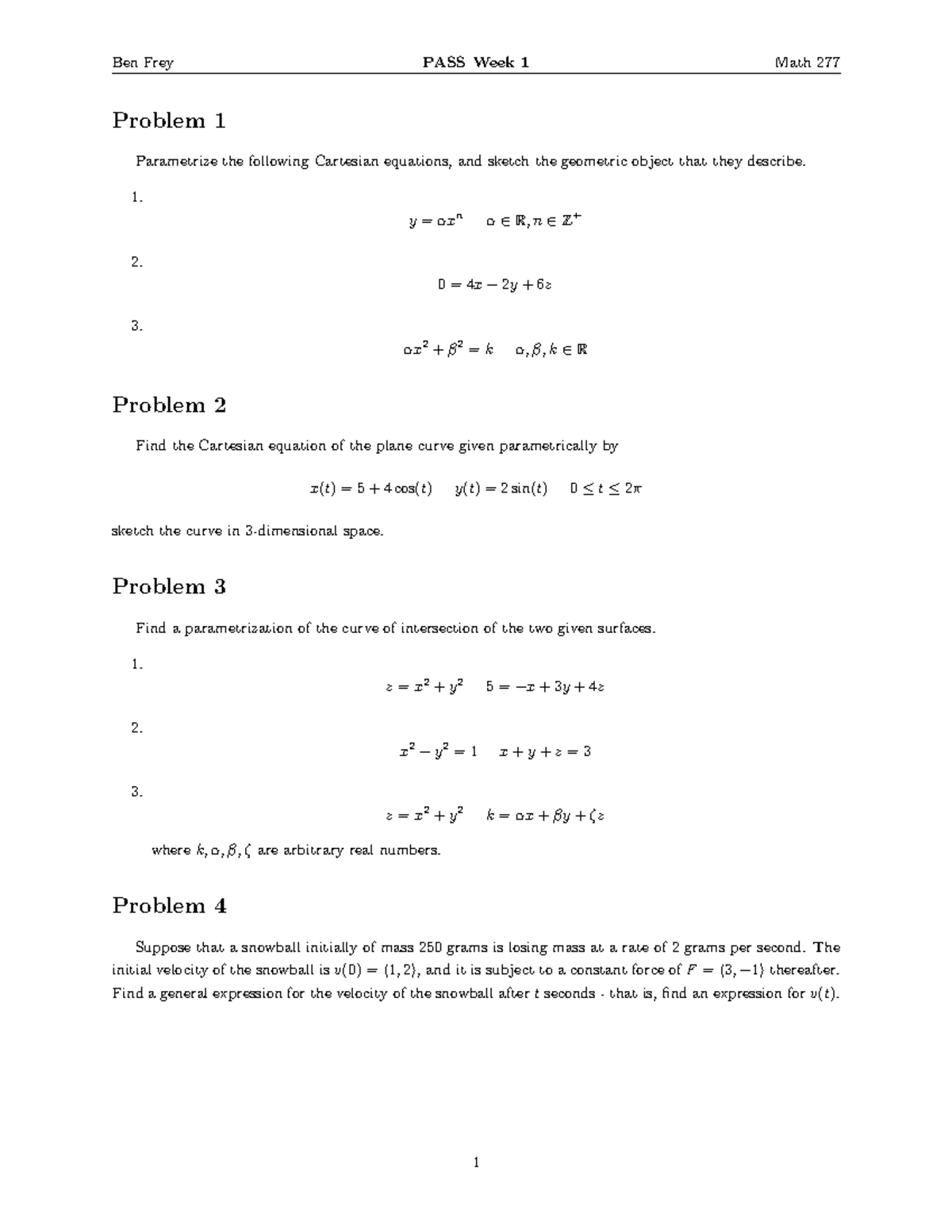 Math 277 PASS Week 1: Parametrization & Curves Assignment - Studocu