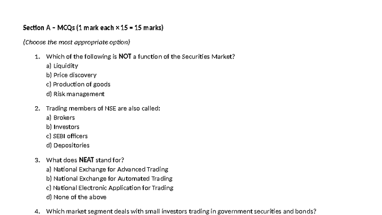 FMM Sample Paper: Section A MCQs & Section B Short Answers - Studocu