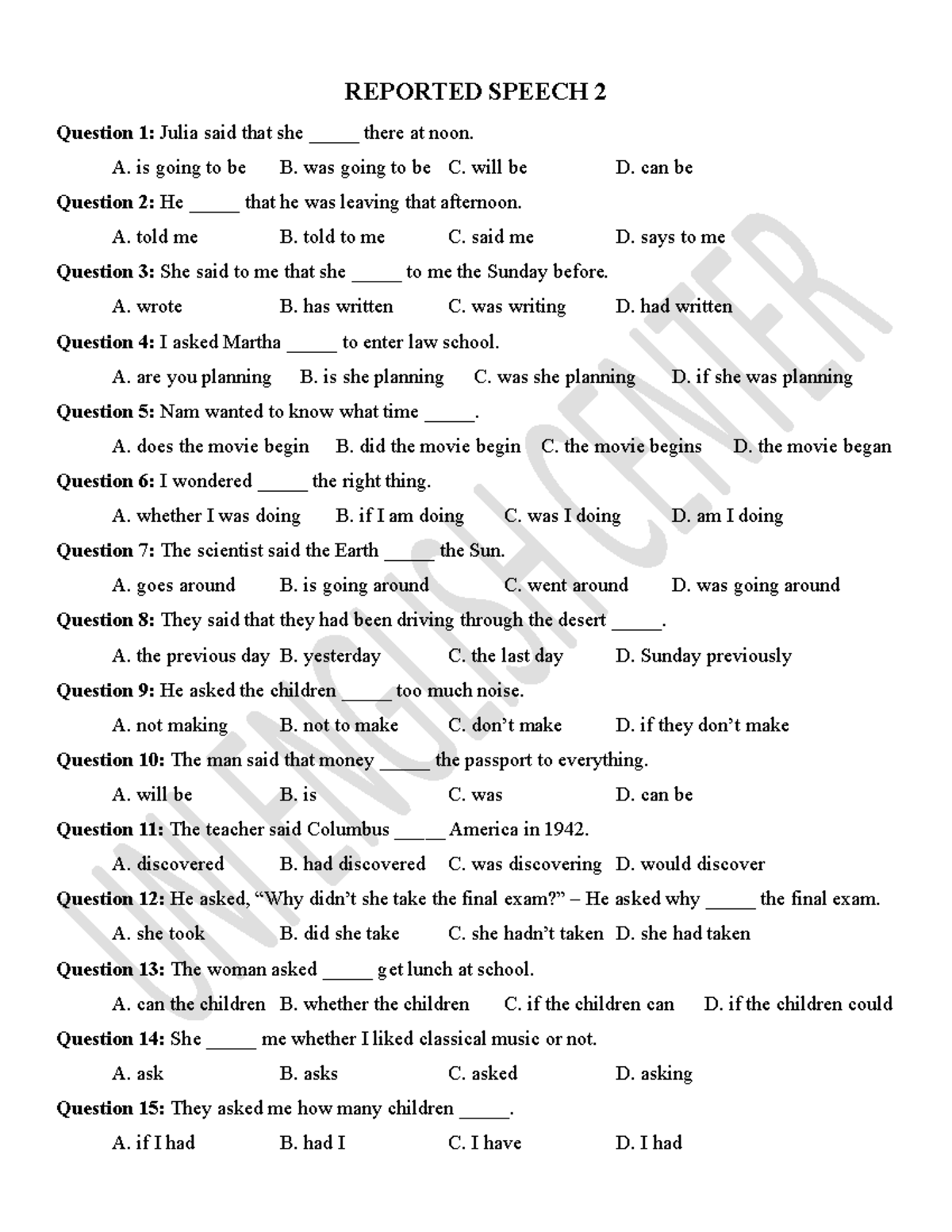Reported Speech 2 - Practice Questions and Answers - Studocu