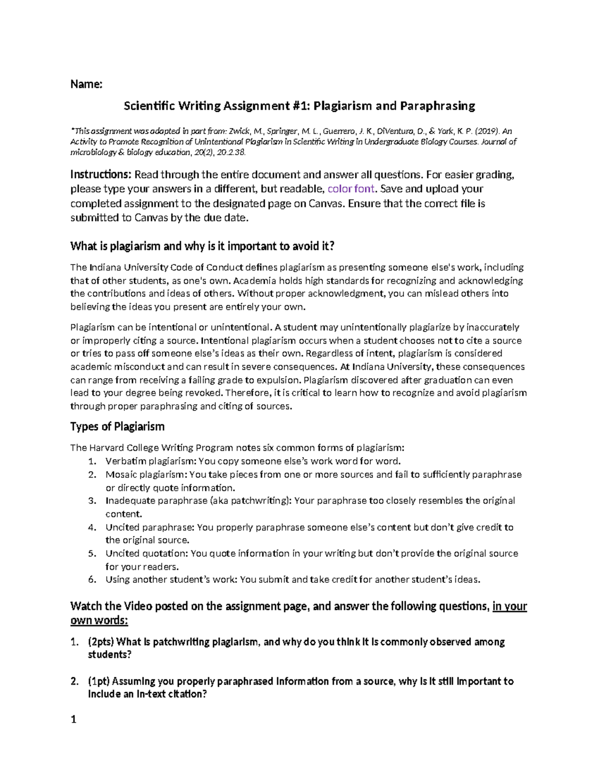 Scientific Writing Assignment #1: Plagiarism & Paraphrasing Essentials ...