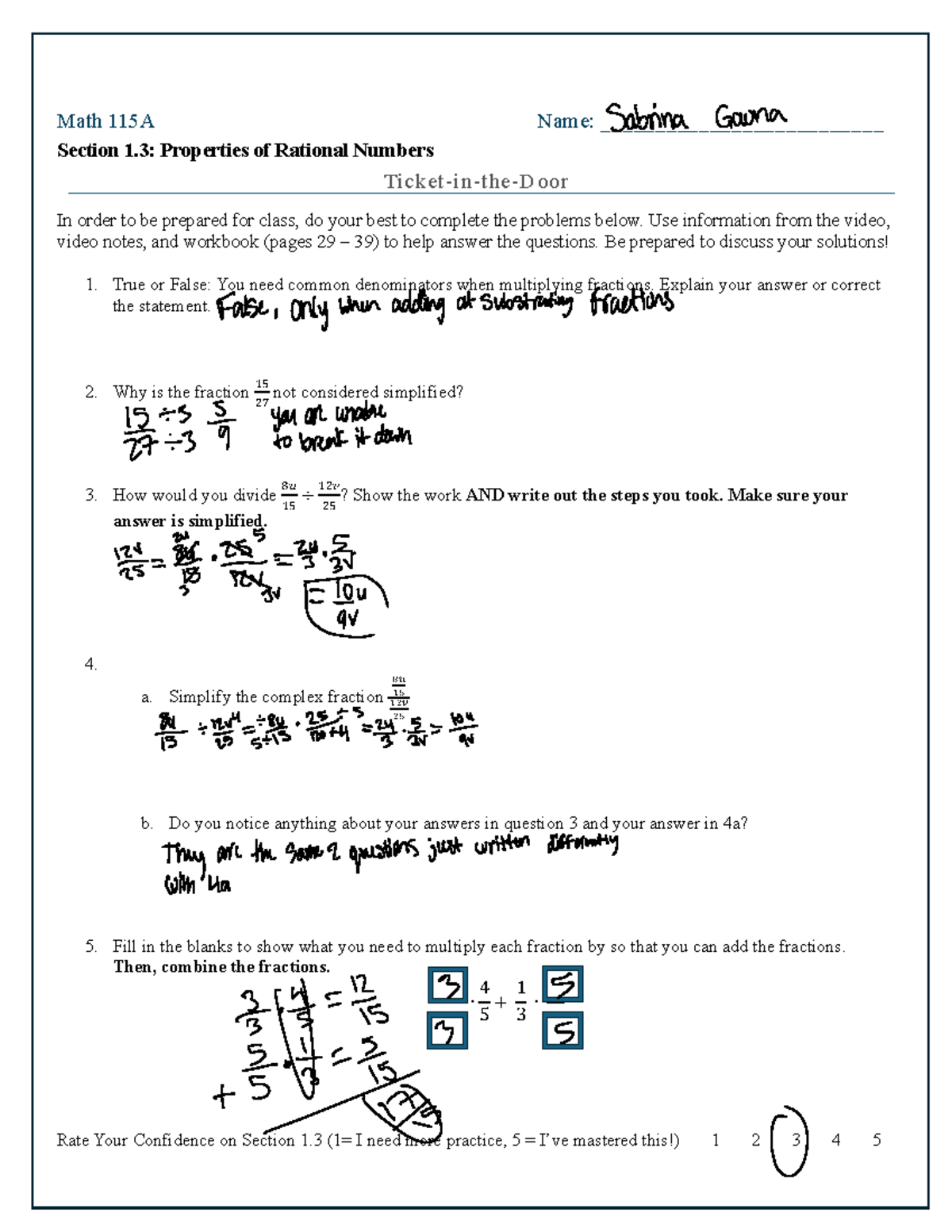 Math 115A: Section 1.3 - Properties of Rational Numbers Assignment ...