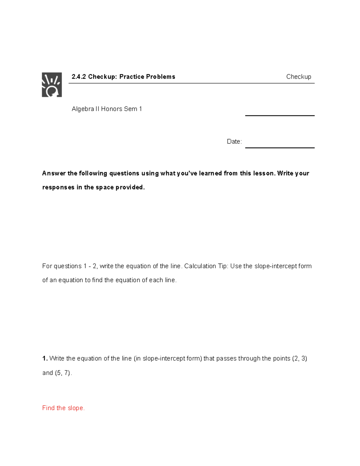Algebra II Hons Checkup: Practice Problems for Sem 1 - Studocu