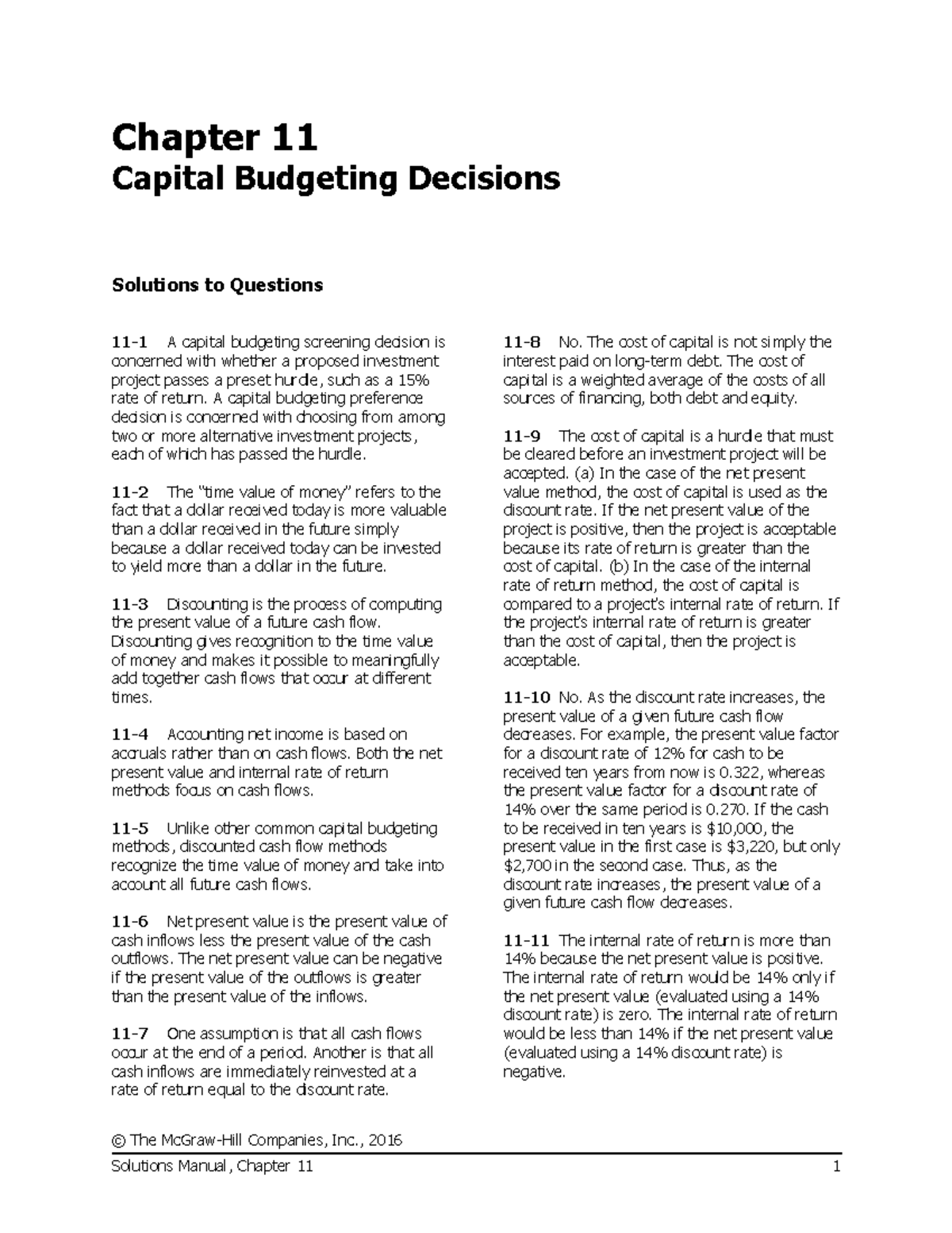Chapter 11 Solutions Manual: Capital Budgeting Decisions (ACCT 101 ...