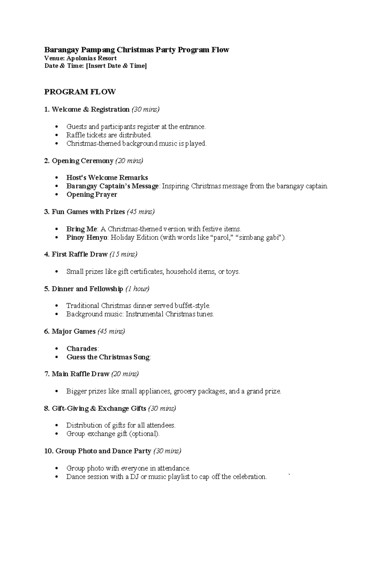 Barangay Pampang Christmas Party Program Flow Schedule - Studocu