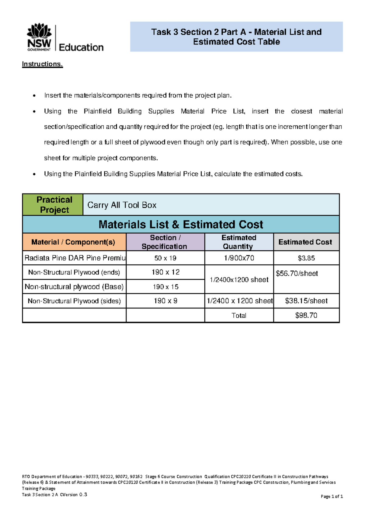 Task 3 Section 2A - Material List & Cost Estimation for CPC20220 - Studocu