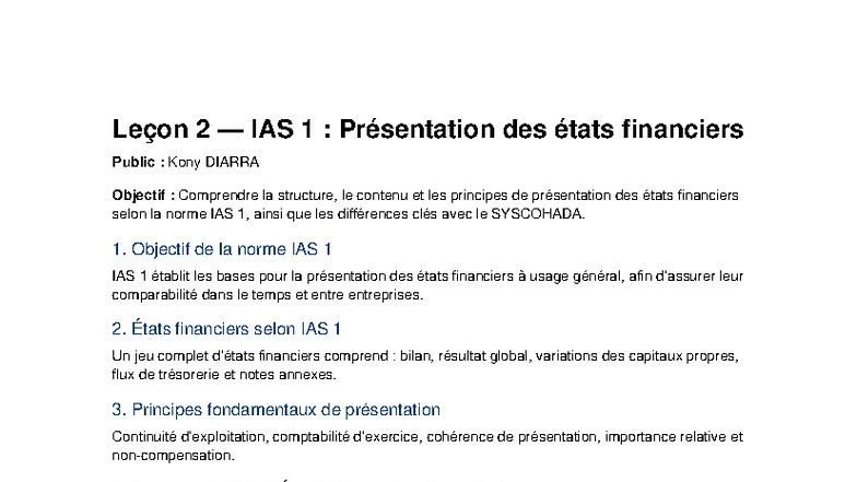 Leçon 2 IAS 1 : Présentation des États Financiers - Kony Diarra - Studocu