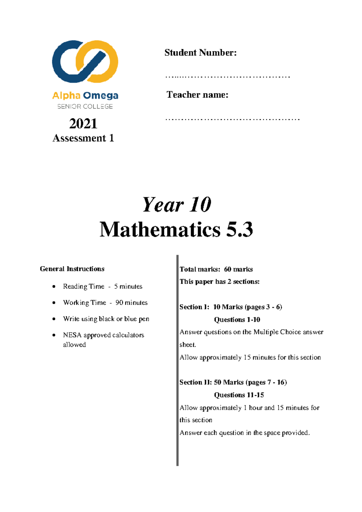 Y10 Math AT1 Exam Practice Paper 2021 - Comprehensive Review - Studocu