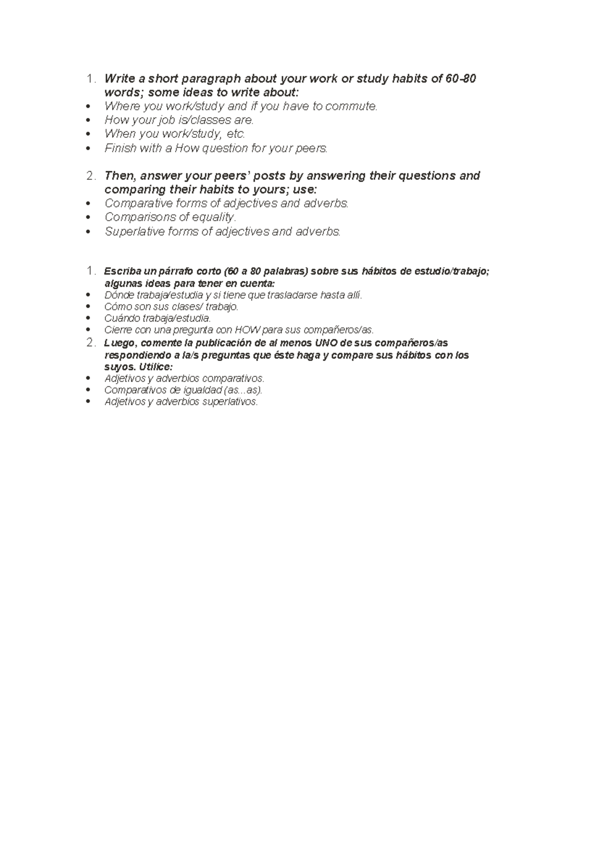 ESL 101: Habits of Study/Work - Paragraph Writing Exercise (60-80 Wds ...