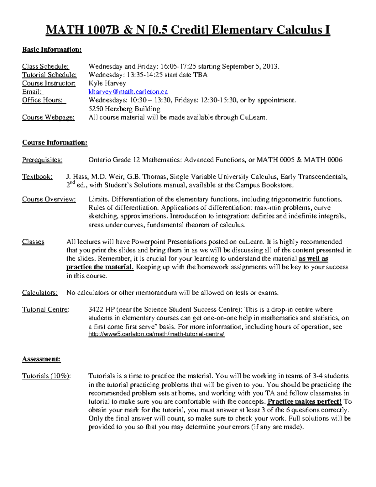 MATH 1007B N Elementary Calculus I Course Outline and Info - Studocu