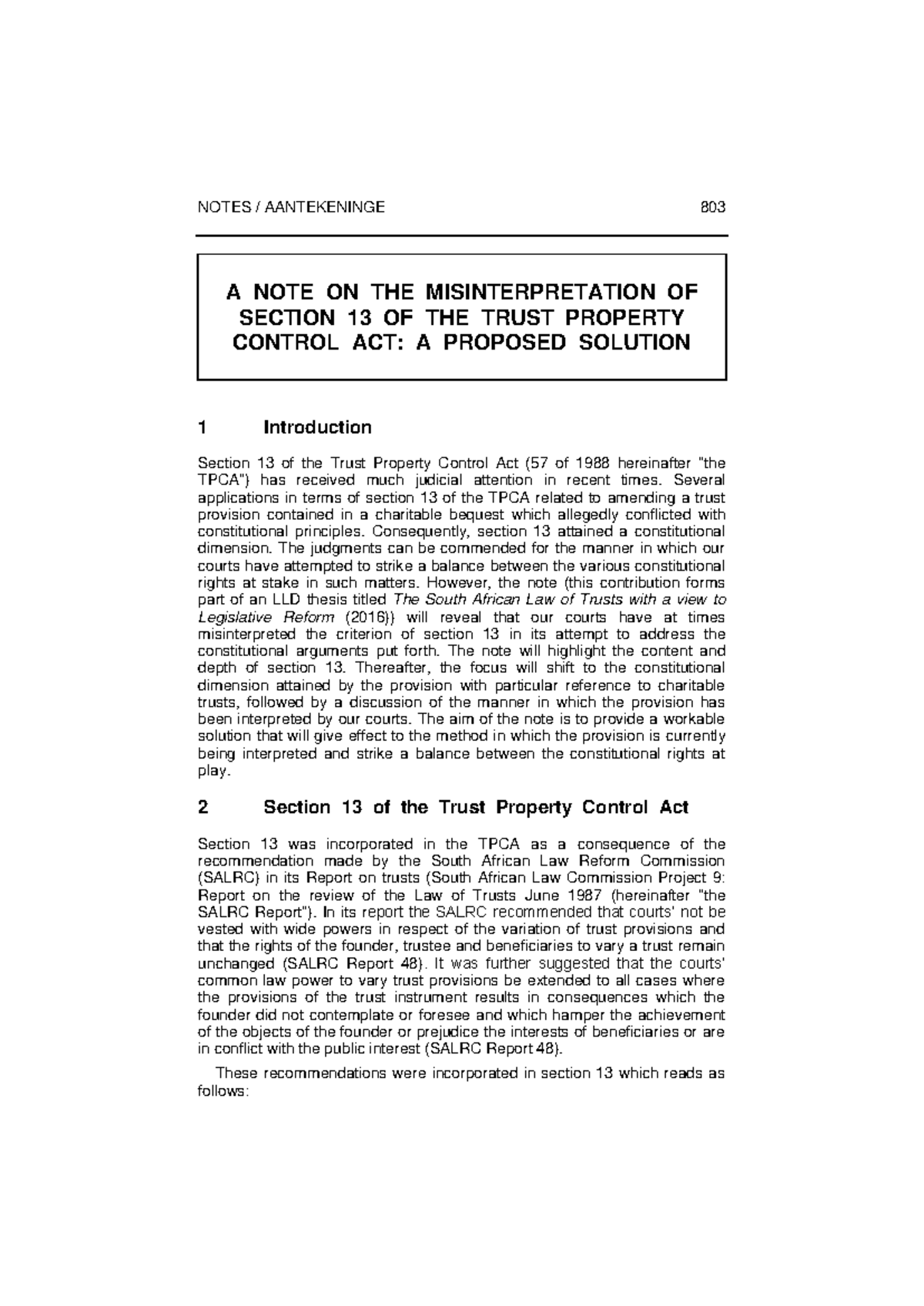 NOTES AANTEKENINGE 803: Misinterpretation of Section 13 TPCA and ...