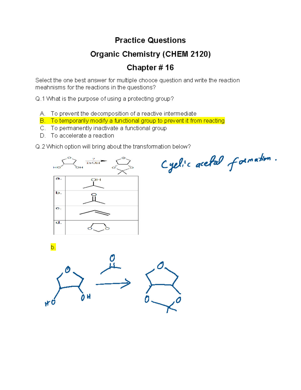 Practice Questions Solutions for Organic Chemistry (CHEM 2120) Chapter ...