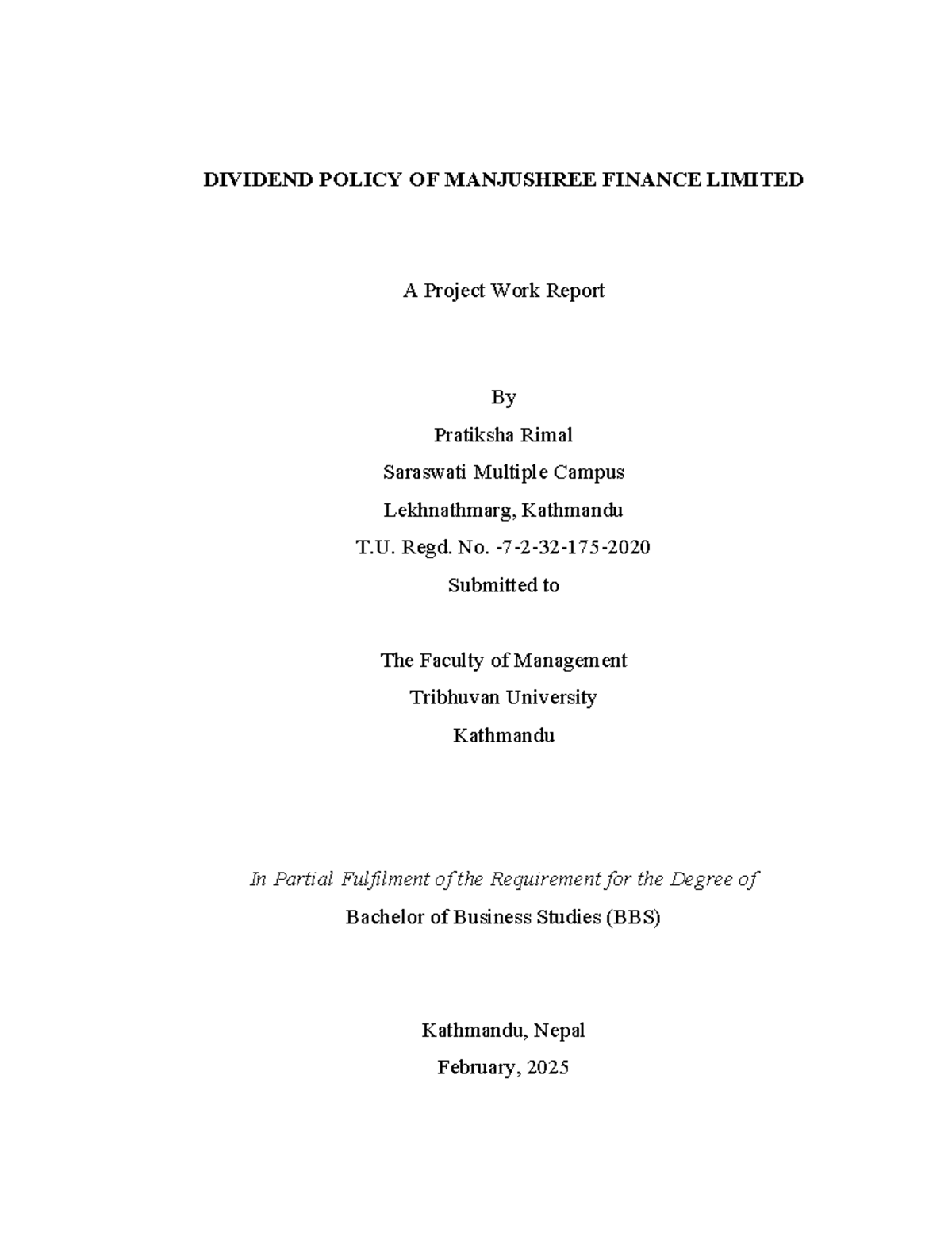 Dividend Policy of Manjushree Finance Limited: A BBS Project Report - Document Preview