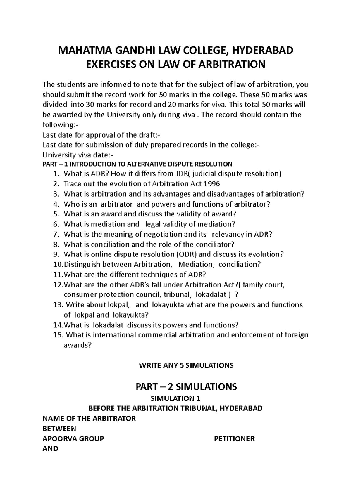 ADR 2023 - Simulations and Records on Arbitration Law Exercises - Studocu