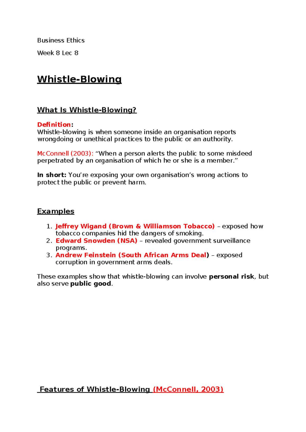 Business Ethics Week 8 - Lecture Notes on Whistleblowing - Studocu