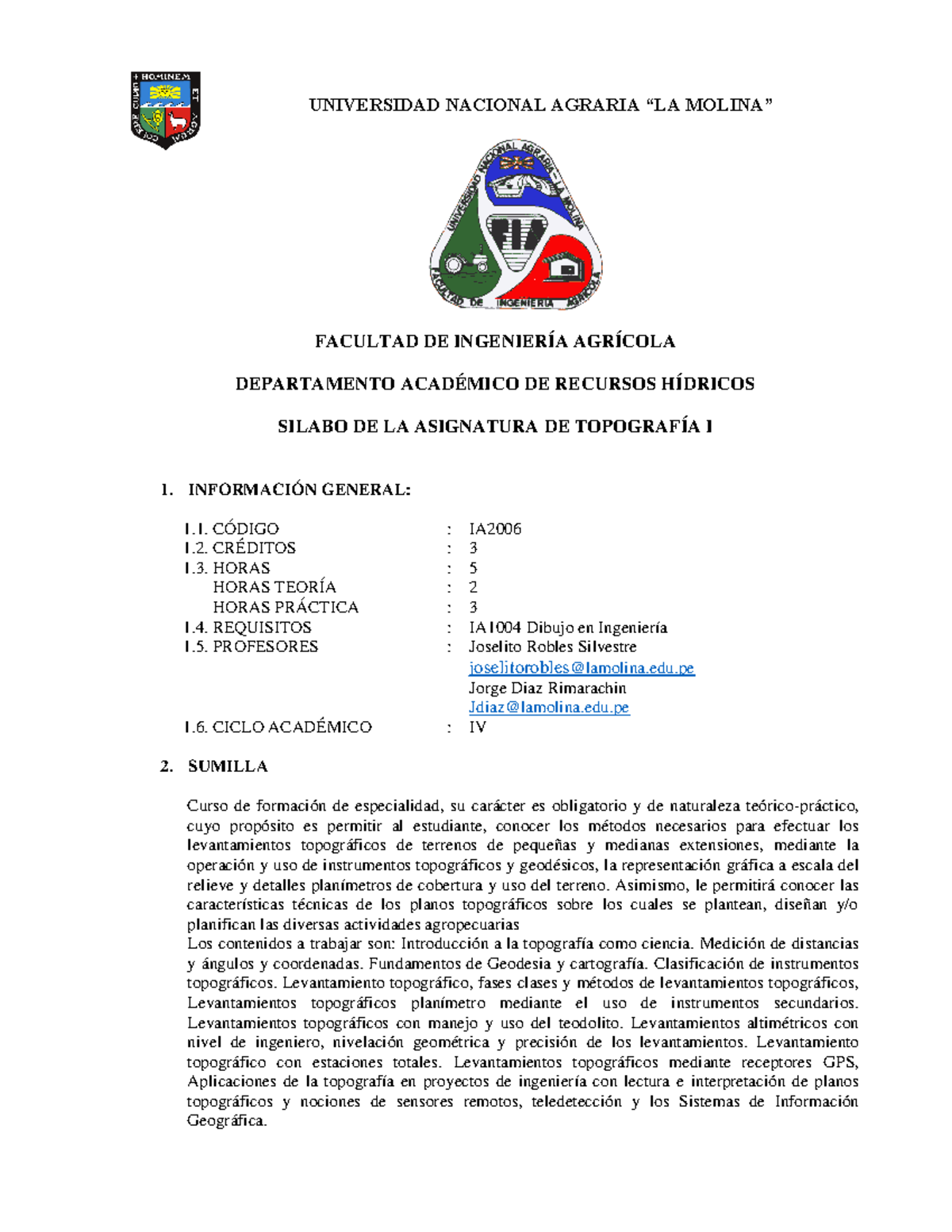 Silabo de Topografía I (IA) - Universidad Nacional Agraria  - Document Preview