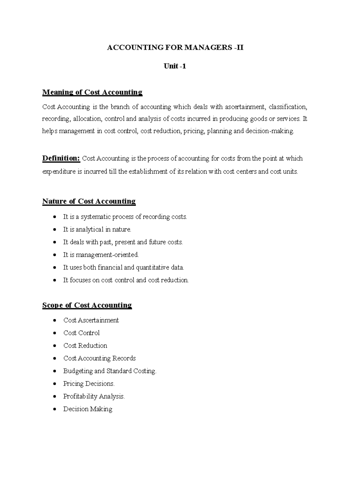 Unit 1 (AFM) - Comprehensive Notes on Cost Accounting Principles - Studocu