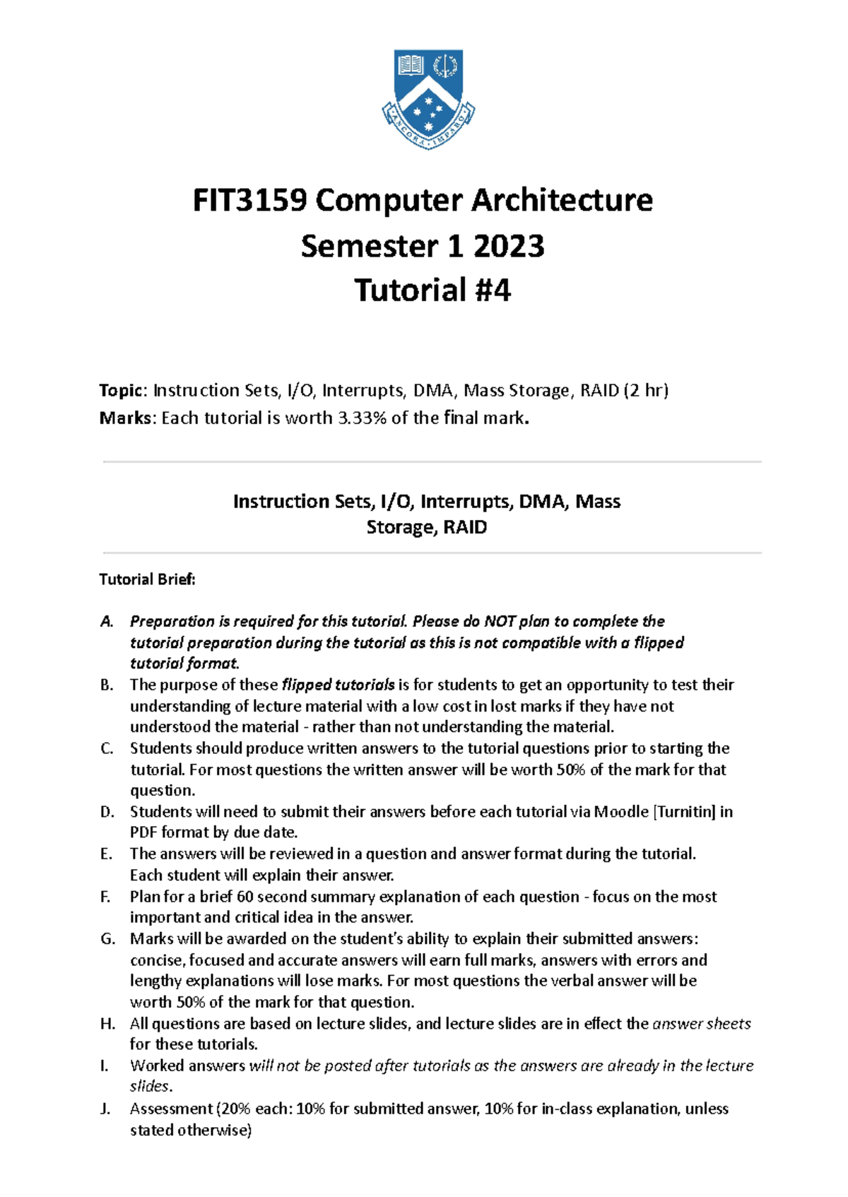 FIT3159 Tutorial Notes: Instruction Sets, I/O, DMA, and Storage - S1 ...