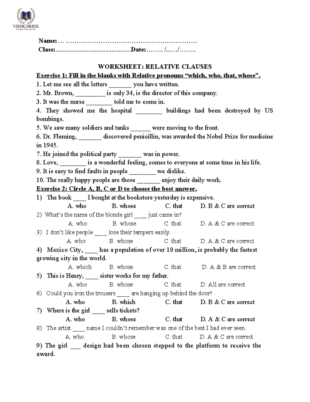 Worksheet: Relative Clauses Exercises for Practice - Studocu