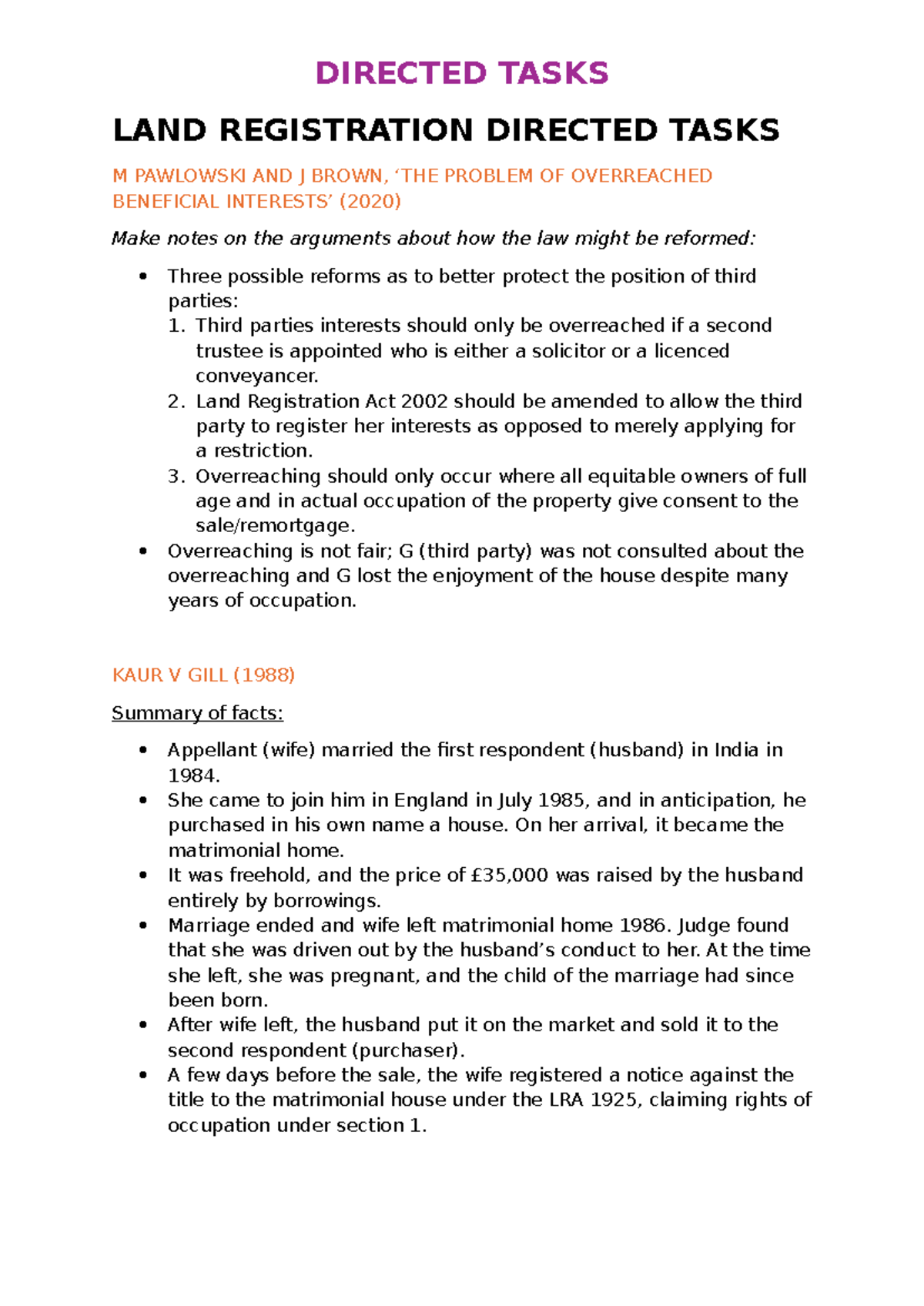 LAND LAW - Directed Tasks - DIRECTED TASKS LAND REGISTRATION DIRECTED ...