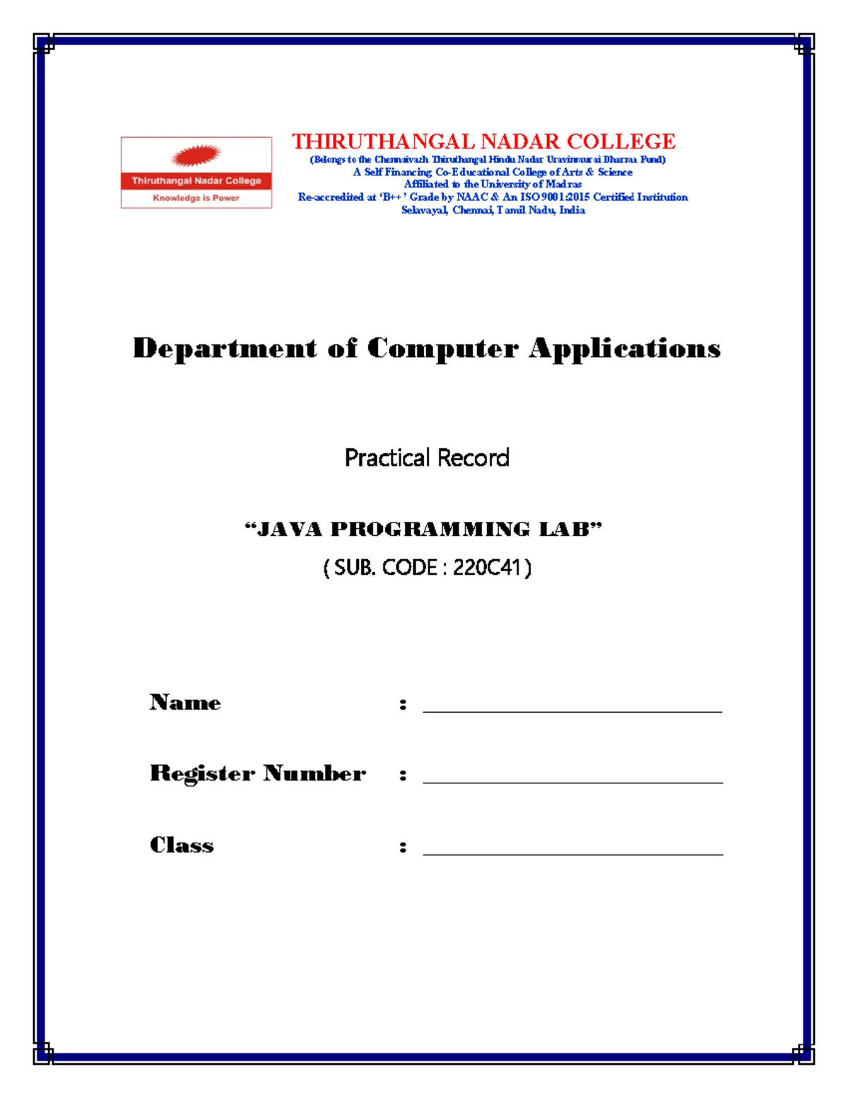 JAVA LAB Front PAGE BCA - Ganiwiwk - THIRUTHANGAL NADAR COLLEGE ...