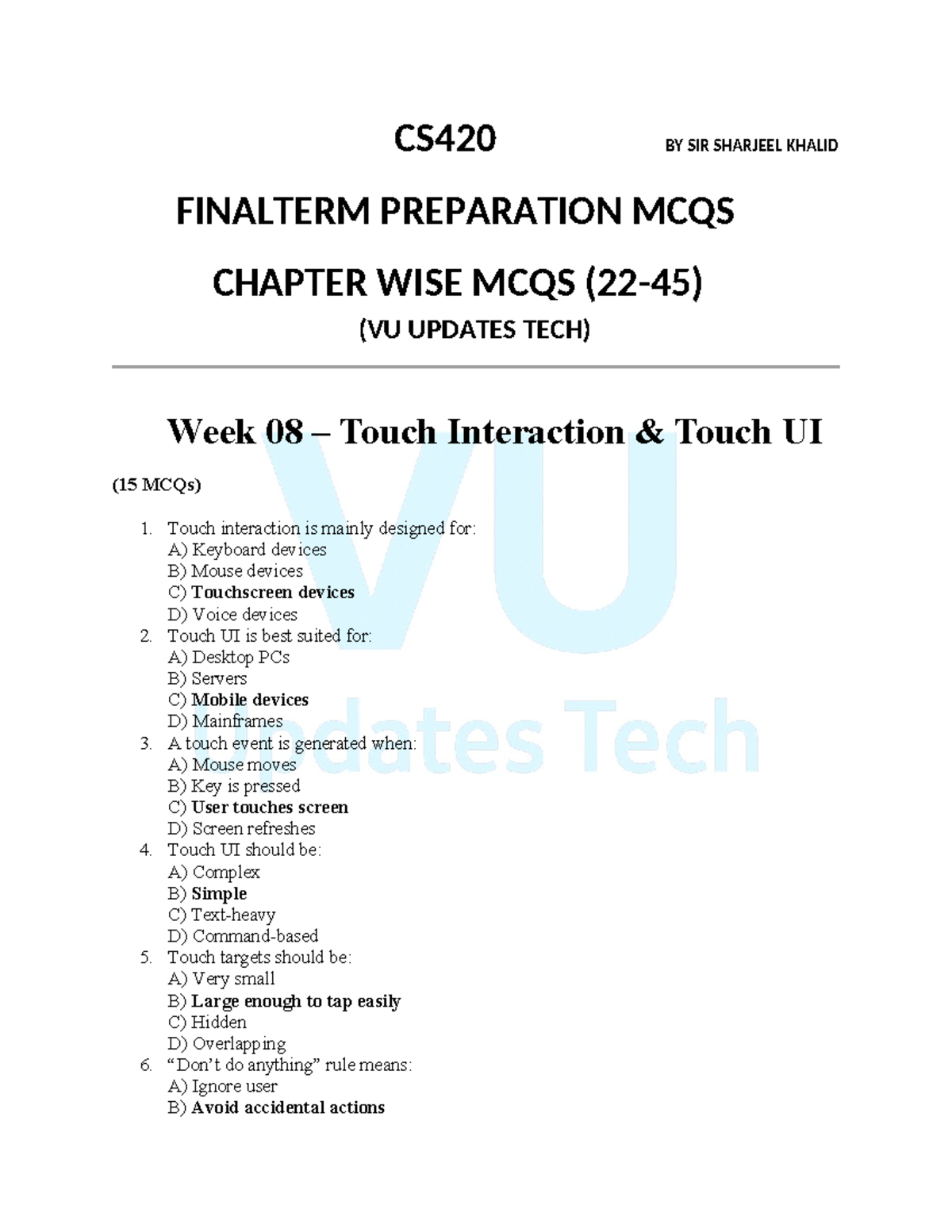 CS420 Final Exam Preparation: Touch & Pointer Events MCQs - Studocu