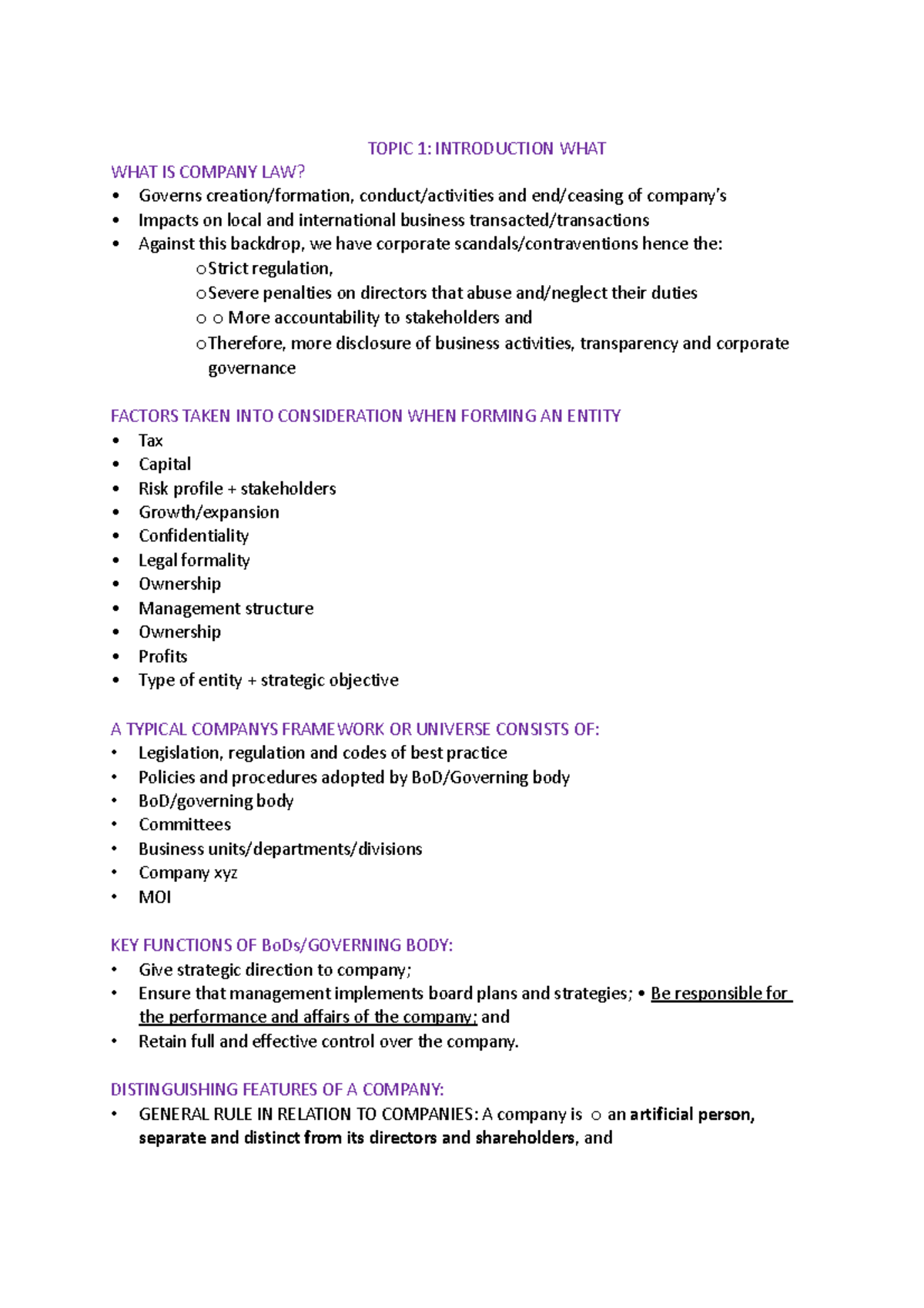 BE 2008 - Introduction to Company Law and Its Key Concepts - Studocu