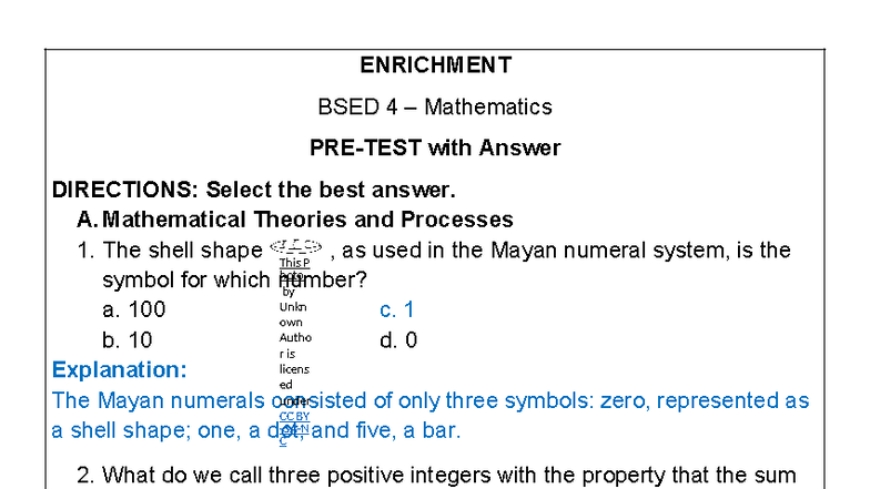 Enrichment PRE TEST BSED 4 Mathematics with Answers - Studocu