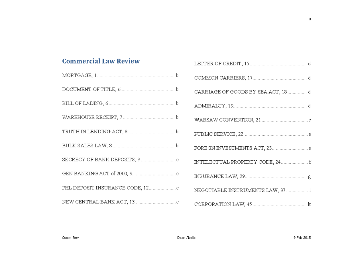 Commercial Law Review Notes (Abella) - Key Concepts & Regulations - Studocu