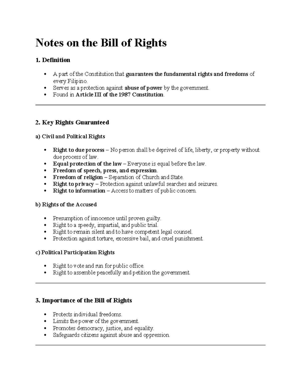 Notes on the Bill of Rights: Key Freedoms and Protections - Studocu