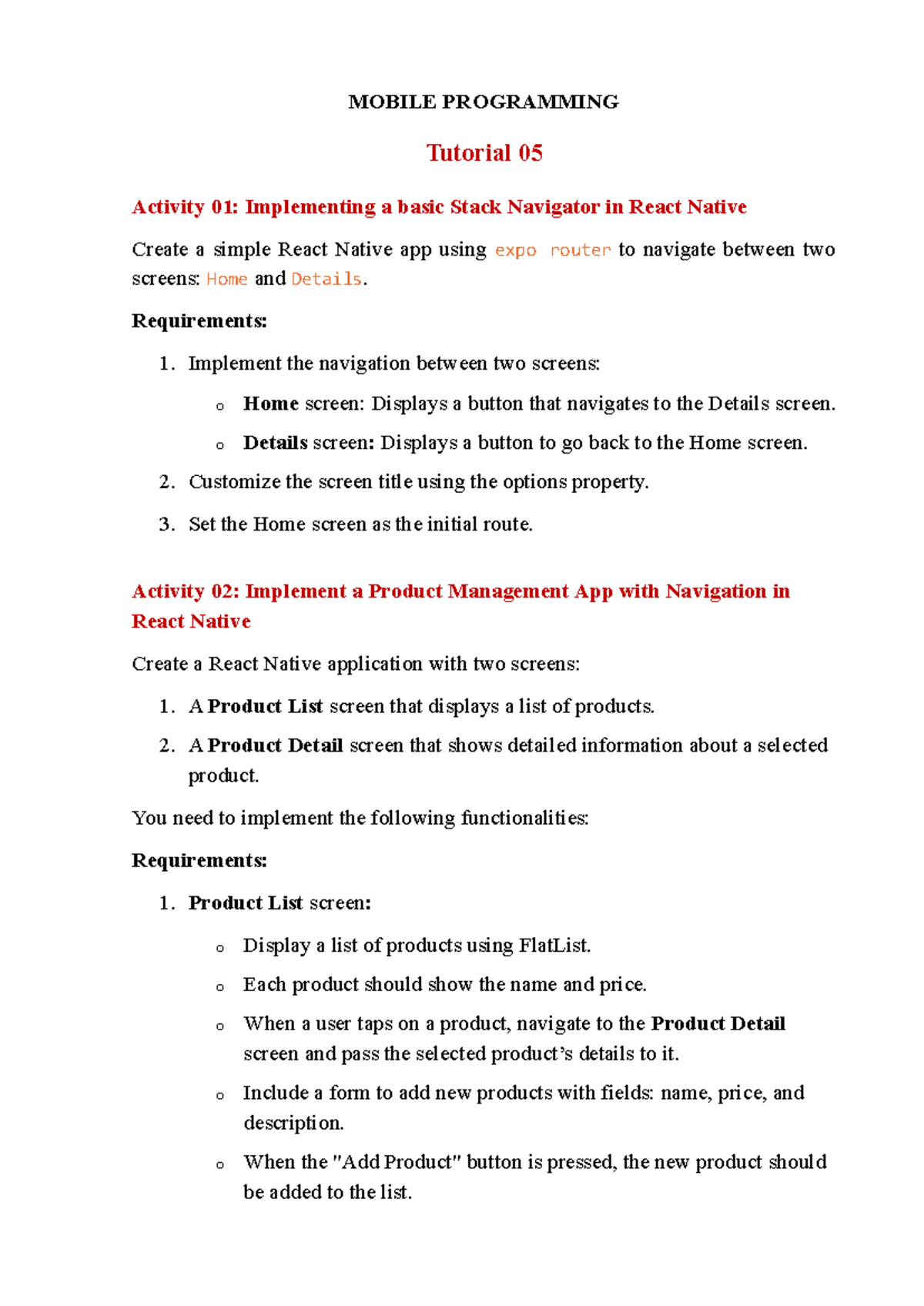 MOBILE PROGRAMMING Tutorial 05: Stack & Product Management Navigation ...