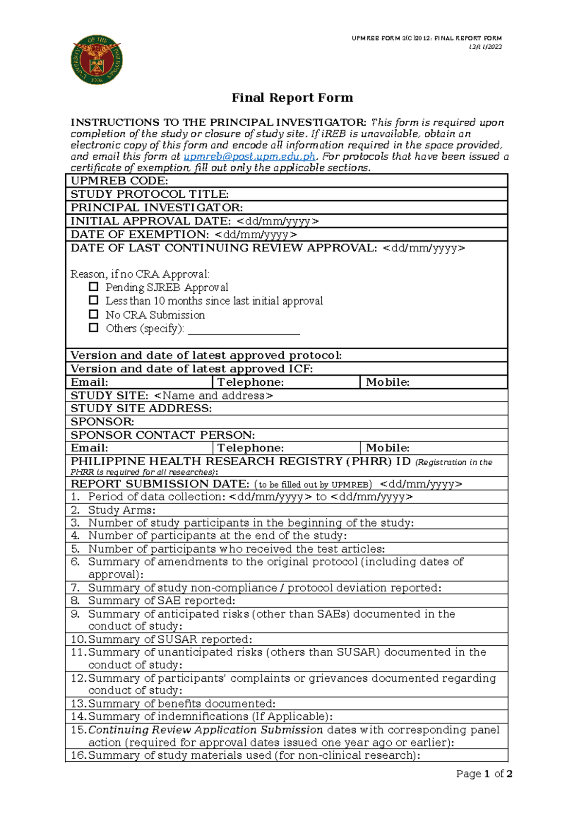 UPMREB FORM 3(C)2012 Final Report Submission Guidelines - Studocu