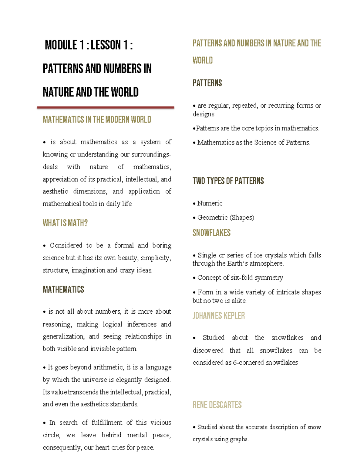 MMW 101: Notes on Nature's Patterns and Mathematical Concepts - Studocu