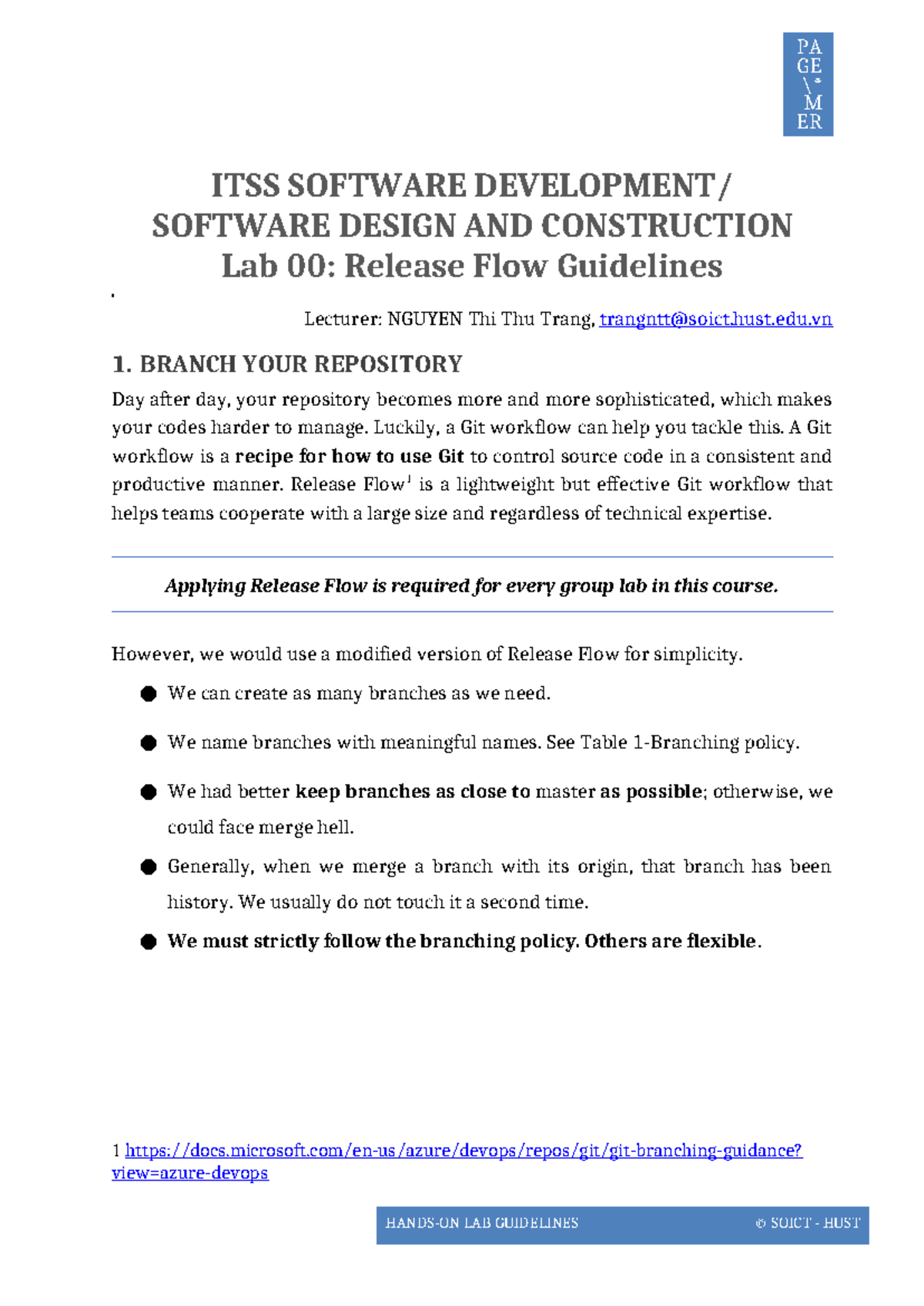 PA GE M ER ITSS SOFTWARE DESIGN AND CONSTRUCTION Lab 00: Release Flow ...