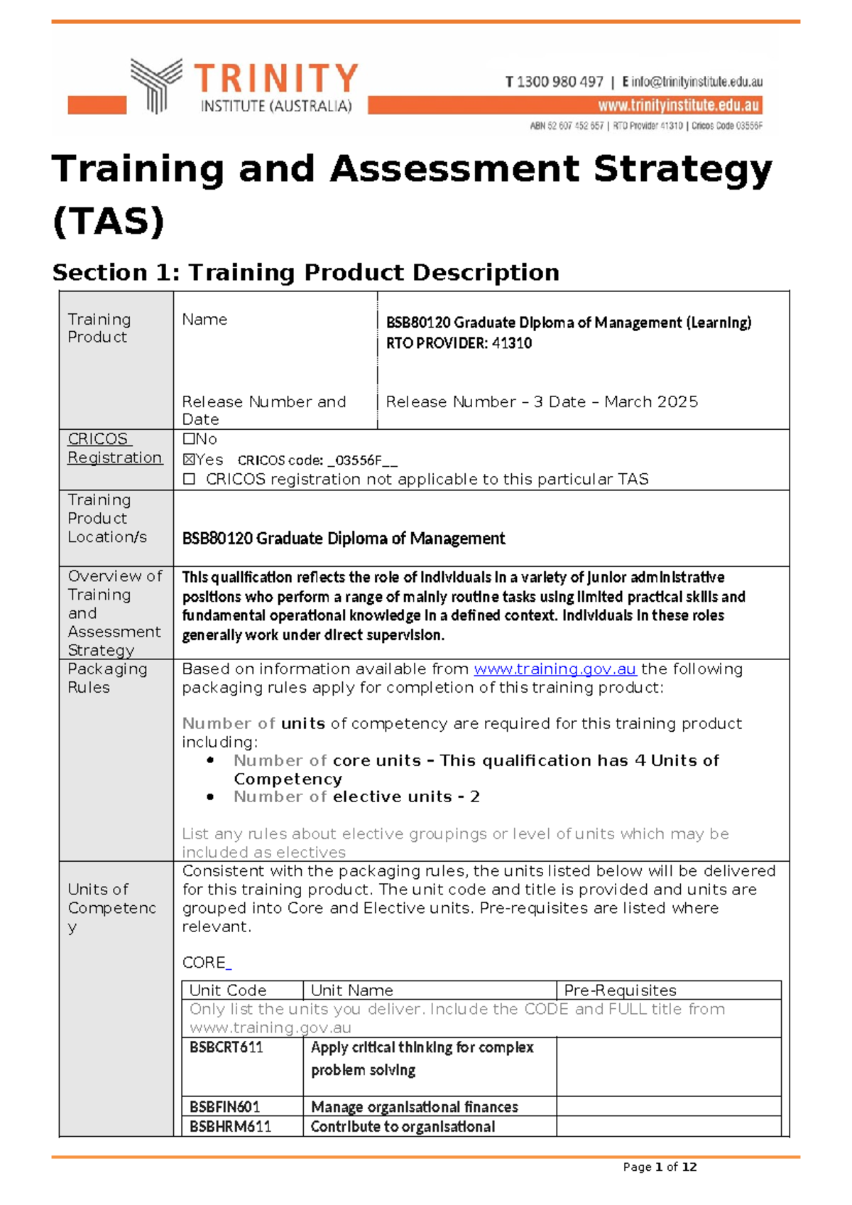 Training & Assessment Strategy for BSB80120 Graduate Diploma of ...
