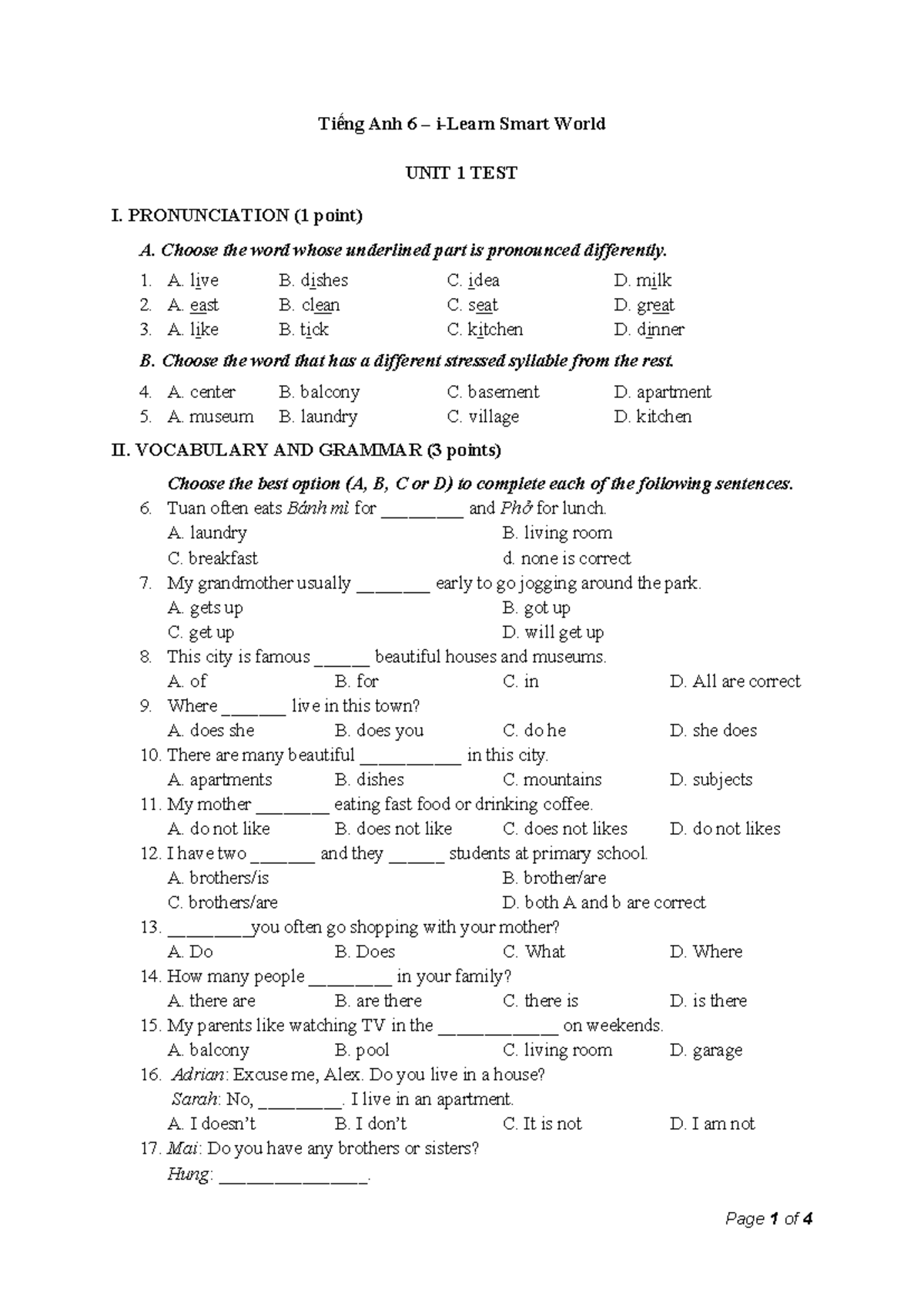 Tiếng Anh 6 Smart World - Unit 1 Pronunciation & Grammar Test - Studocu