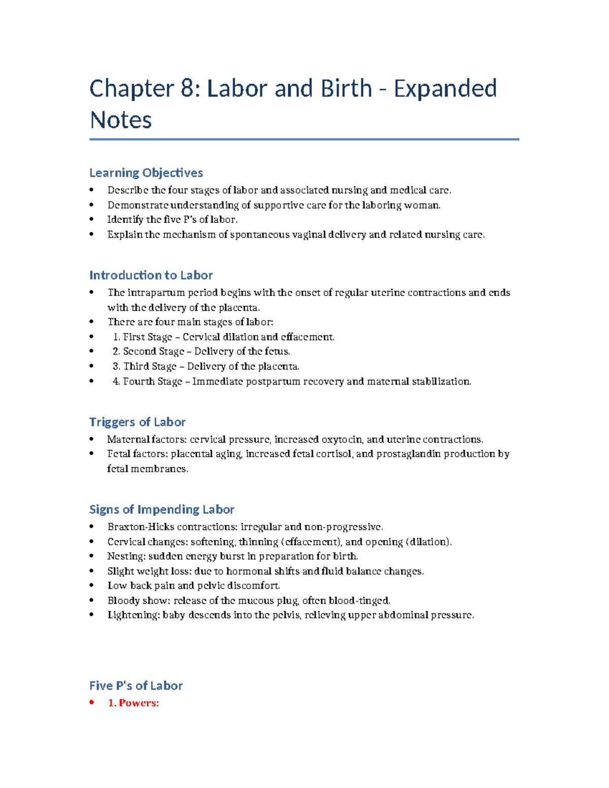 Chapter 8: Labor and Birth Expanded Notes (NURS 101) - Studocu
