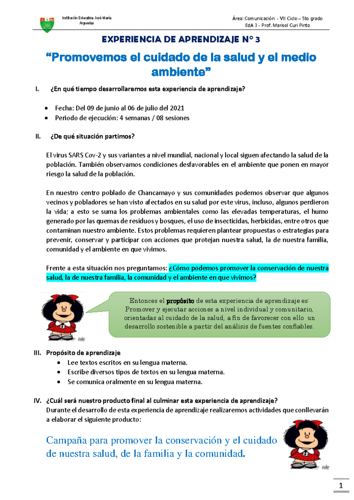 Aprendizaje 3 - 5TO Grado: Cuidado de la Salud y el Ambiente - Studocu