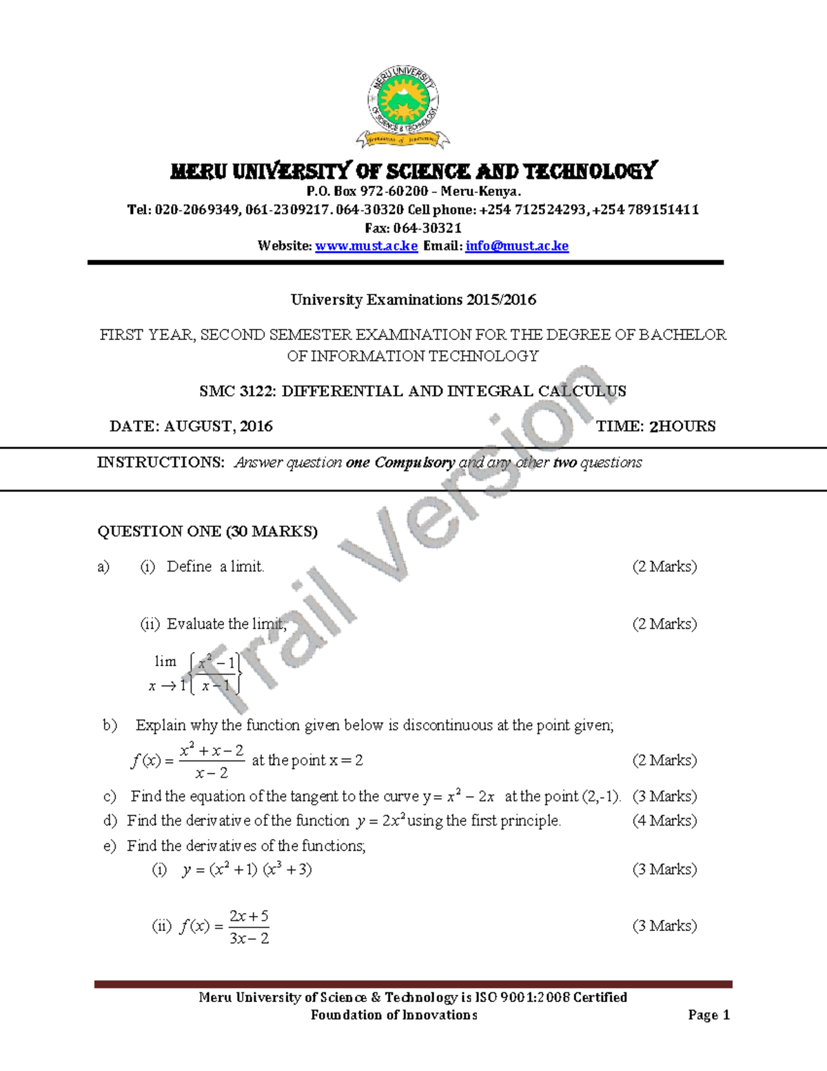 SMC 3122: Differential and Integral Calculus Exam Notes - Studocu
