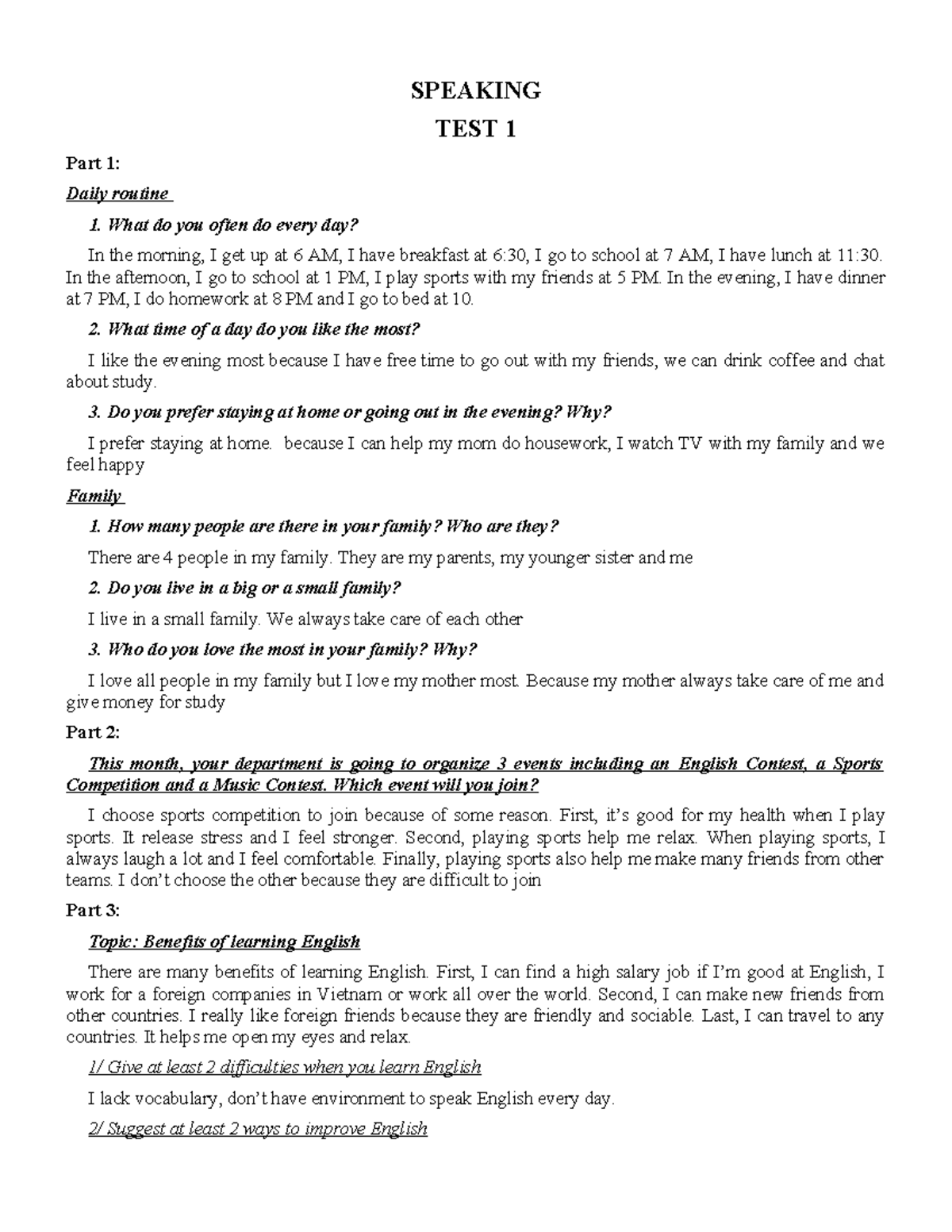 ## Speaking Test: Daily Routine, Family & Job Insights - Studocu