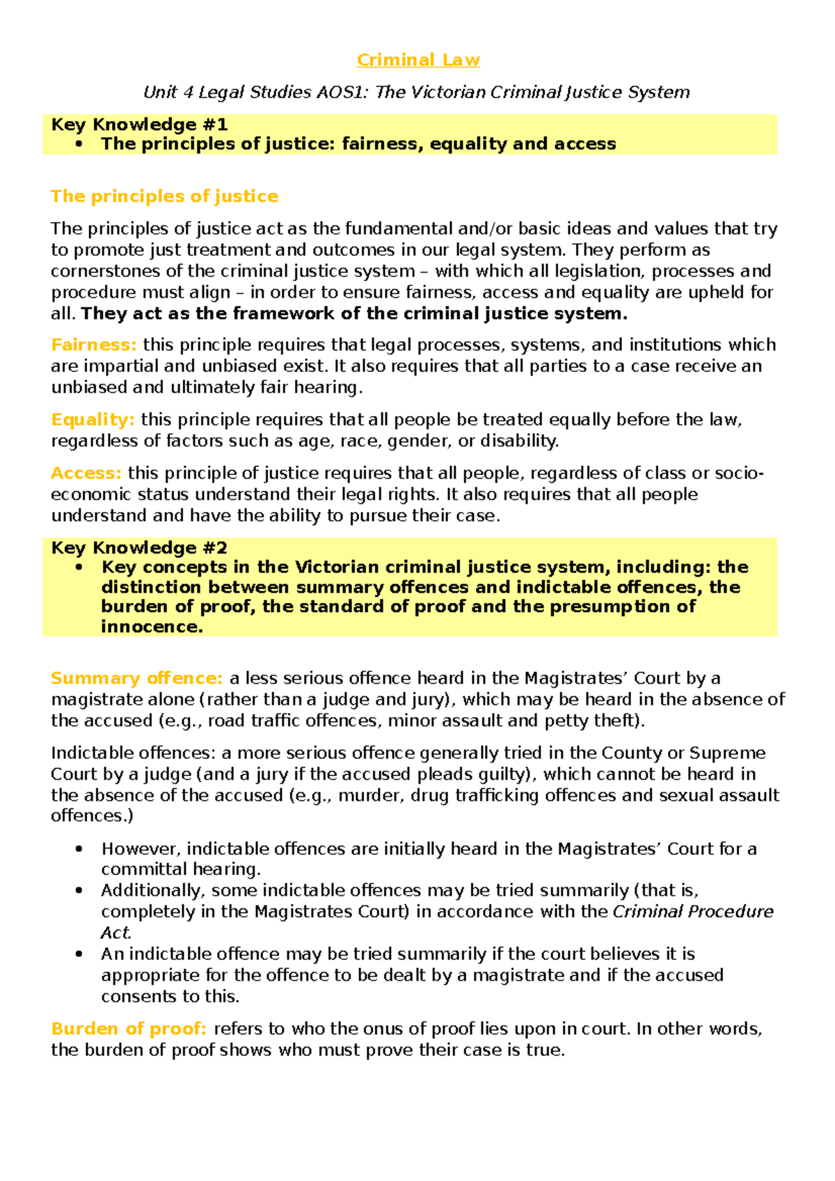 FULL Legal Notes - Criminal Law Unit 4 Legal Studies AOS1: The ...