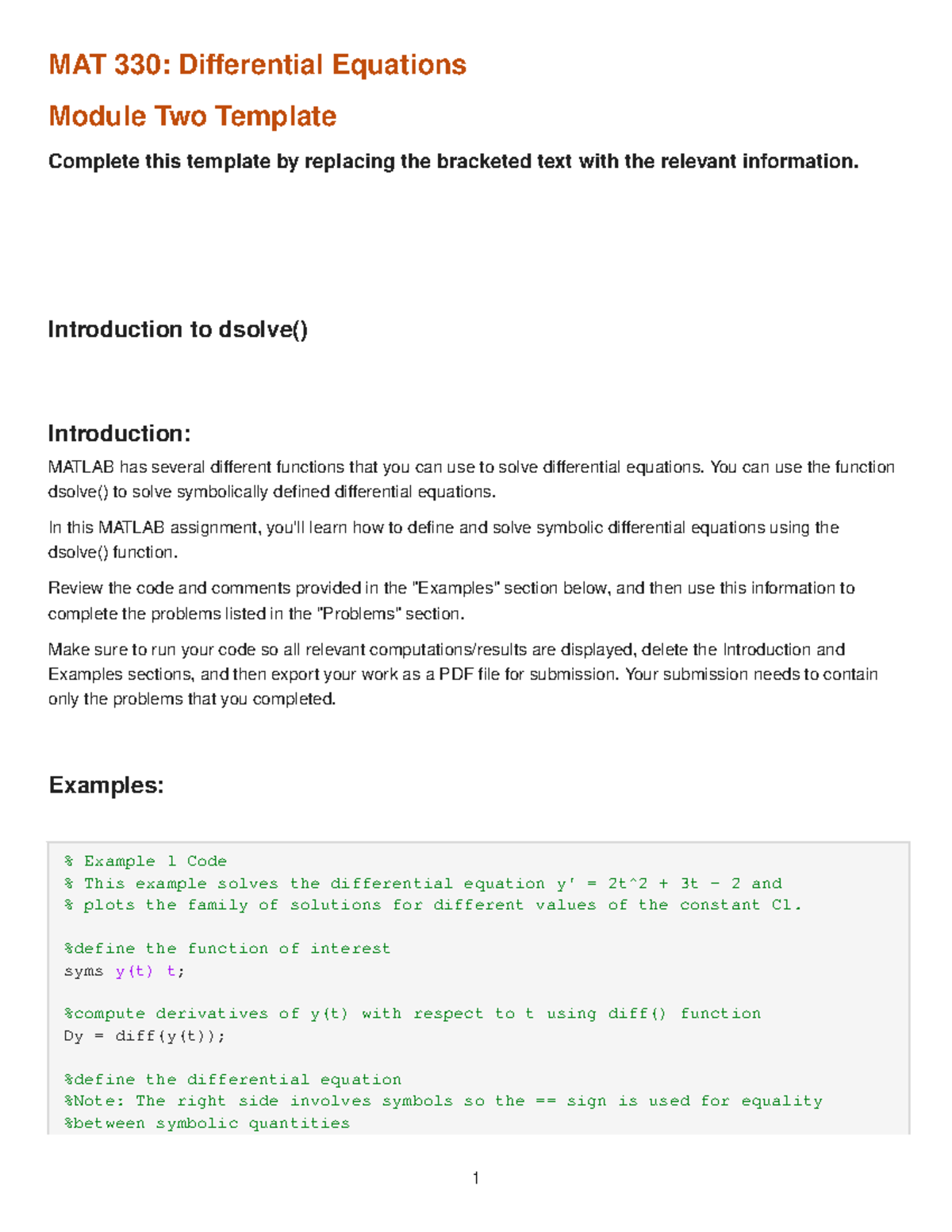 MAT 330: Differential Equations Module Two MATLAB dsolve() Guide - Studocu