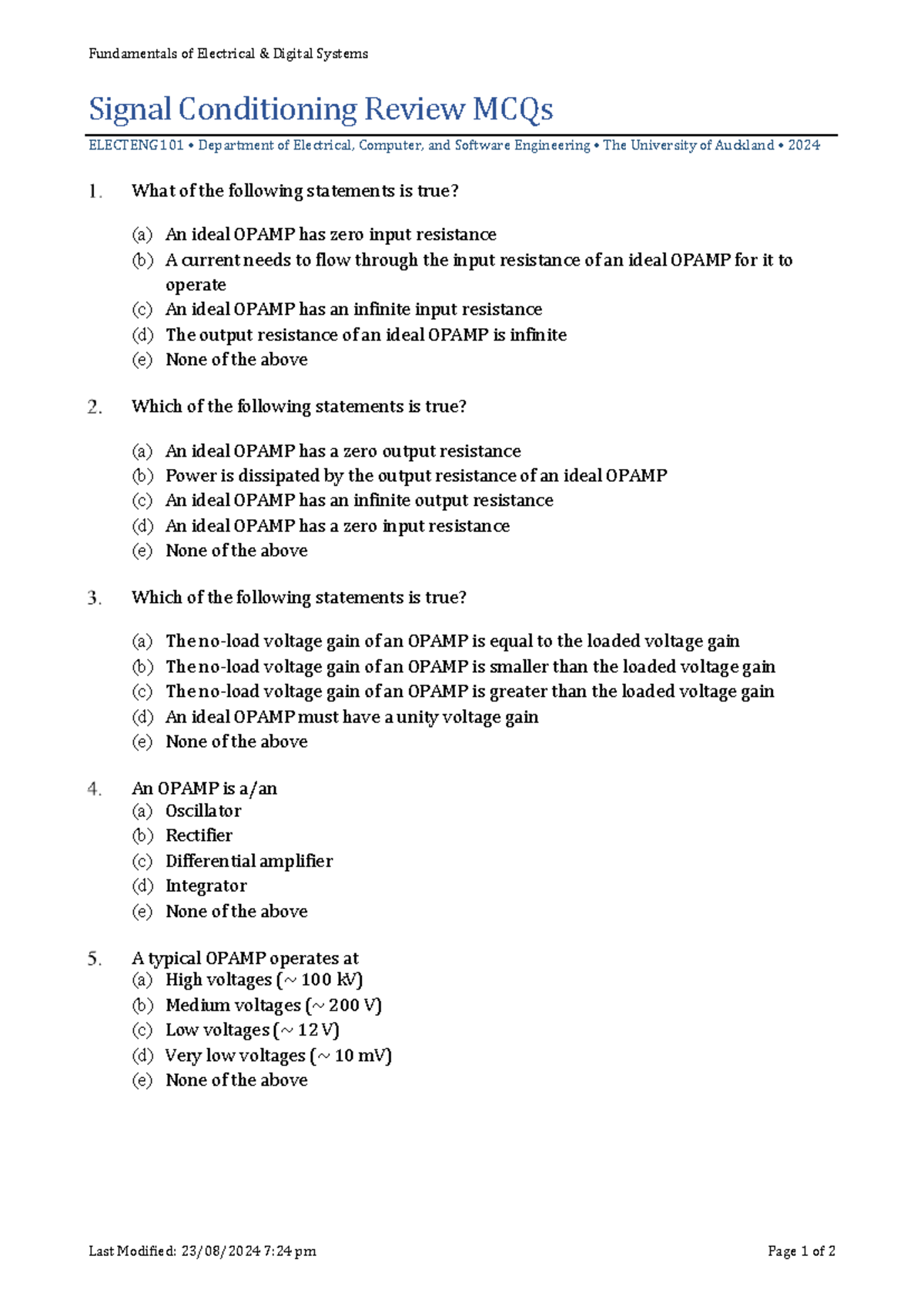 Signal Conditioning Review MCQs for ELECTENG 101 - 2024 - Studocu