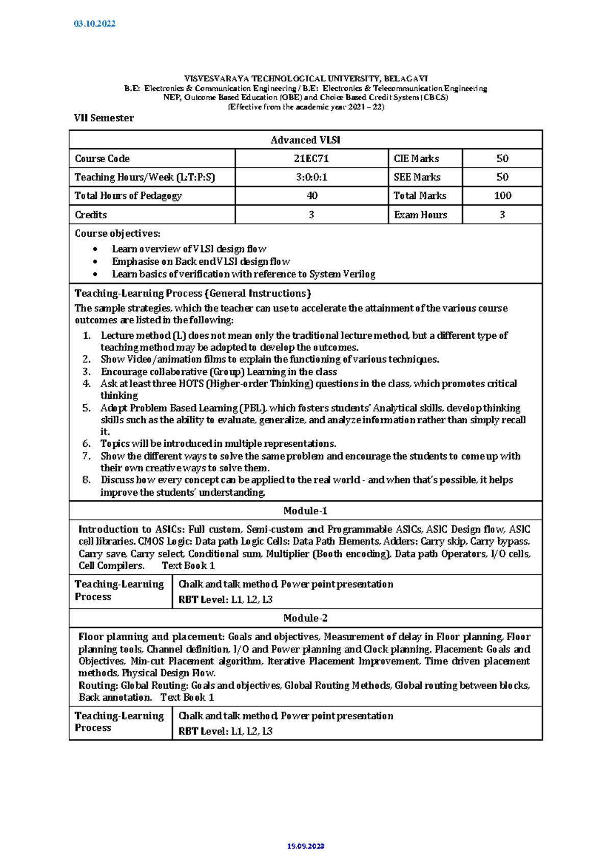 Syllabus for 21EC71 Advanced VLSI Course - Semester VII - Studocu