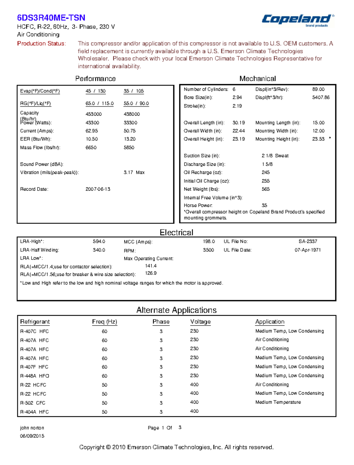 Copeland Compressor Spec Sheet: HCFC, 60Hz, 230V, Phase 3 - Studocu